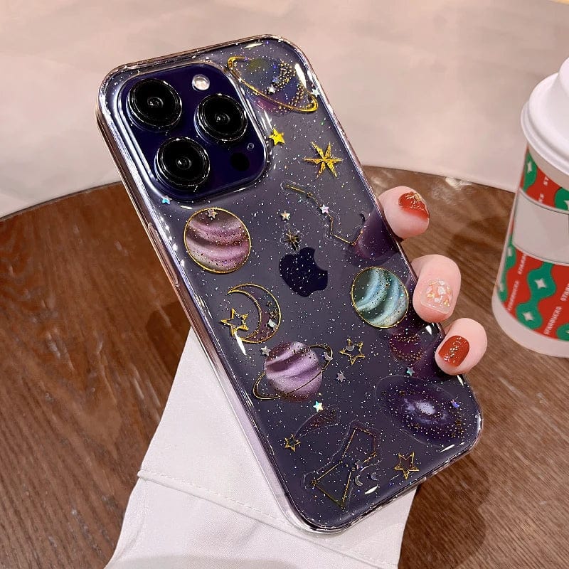 Bling Glitter Planet Stars Clear iPhone Case – Vogueen Bling Glitter Planet Stars Clear iPhone Case – Vogueen