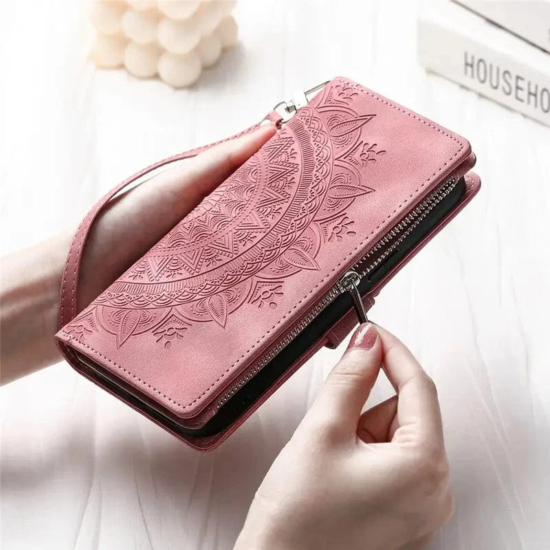 iPhone 13 / Pink Stylish Leather Lanyard Wallet Case