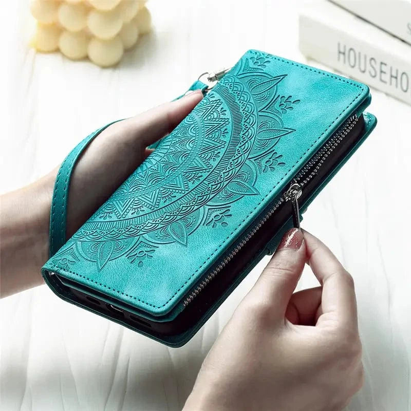 iPhone 13 / Sky Blue Stylish Leather Lanyard Wallet Case
