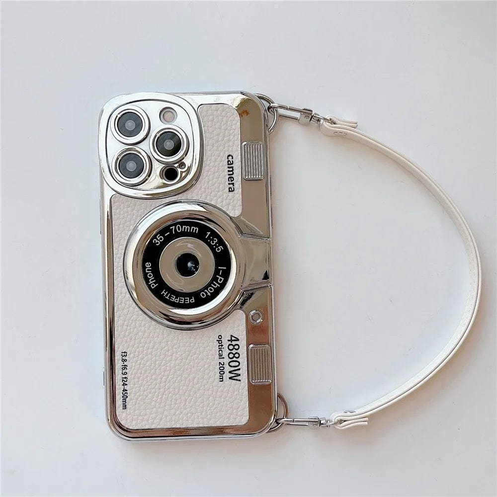 Vogueen iPhone 15 Pro Max / White Luxury Retro Stereo Camera Lanyard iPhone Case