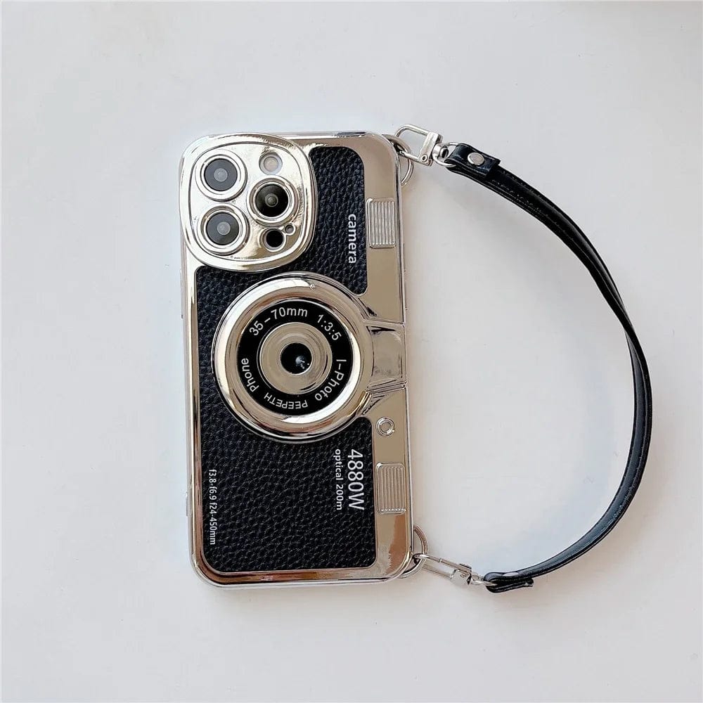 Vogueen iPhone 15 Pro Max / Black Luxury Retro Stereo Camera Lanyard iPhone Case