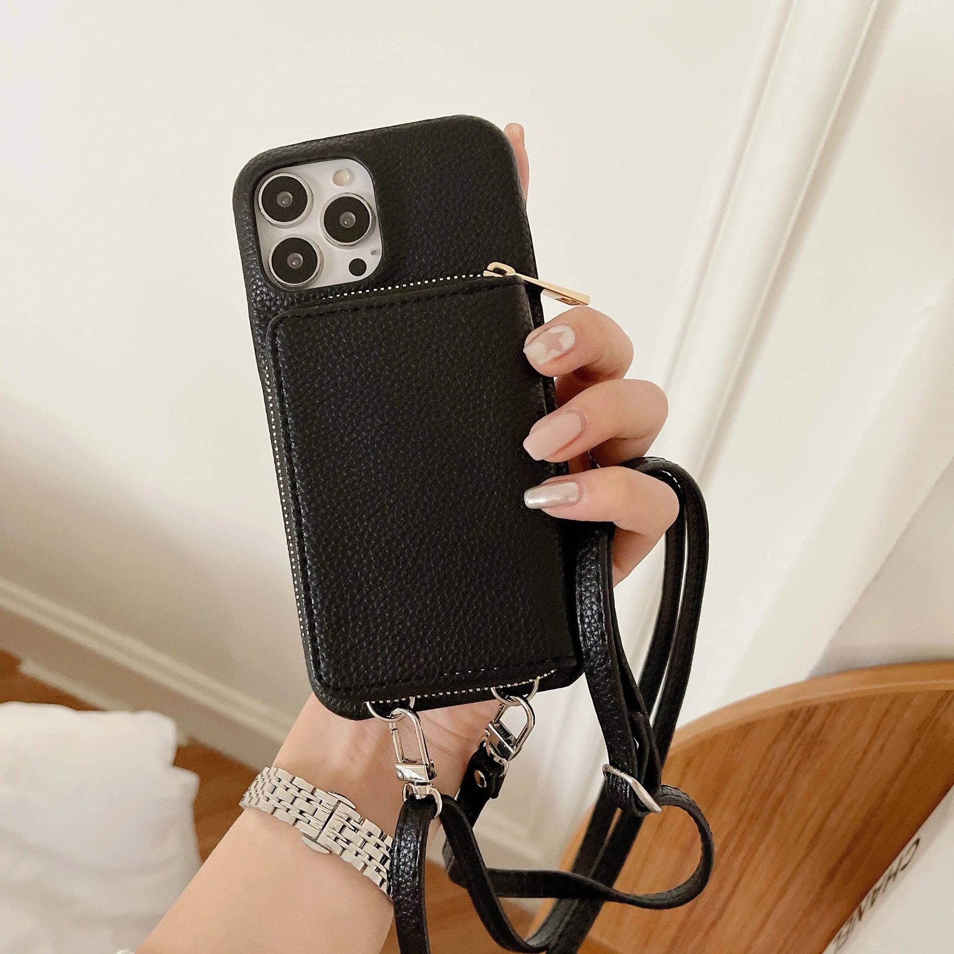 Vogueen Black / iPhone 15 Pro Max Luxury Crossbody Wallet Leather iPhone Case