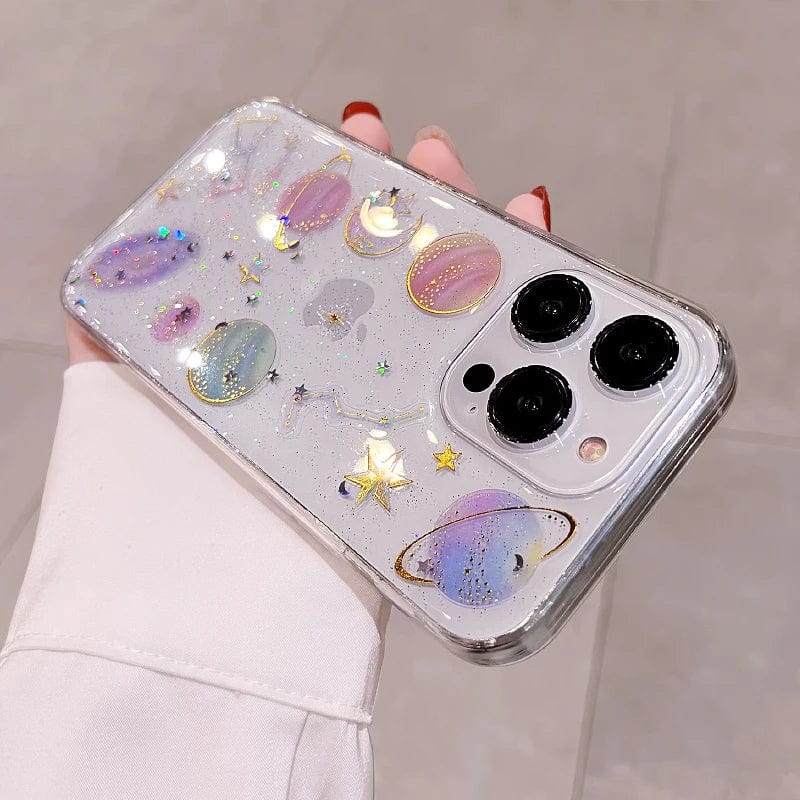 Vogueen iPhone 15 Pro Bling Glitter Planet Stars Clear iPhone Case