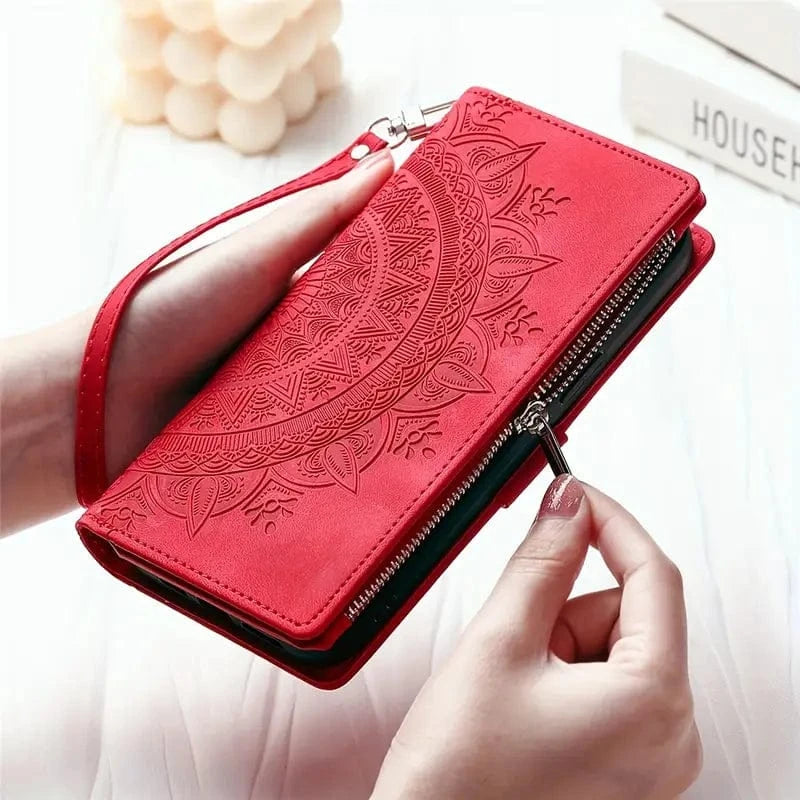 iPhone 13 / Red Stylish Leather Lanyard Wallet Case