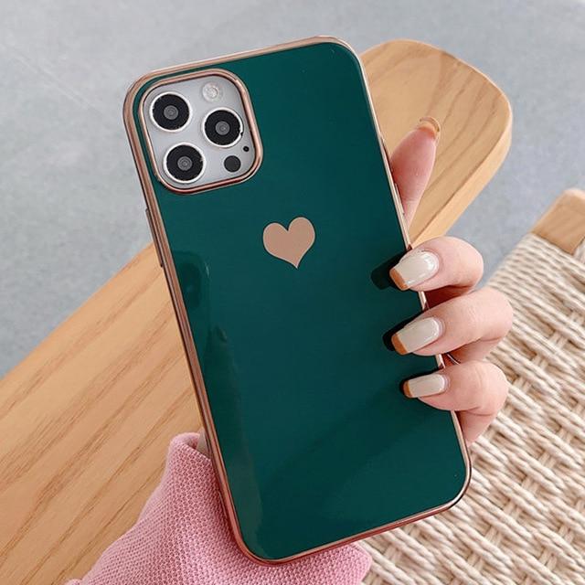 Vogueen For iphone 12Pro Max / Dark Green Electroplated Love Heart iPhone Case